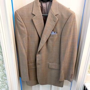 Jos A. Bank Mens Wool Suit Blazer Long Sleeve Notch Lapel Plaid Tan Size 42R